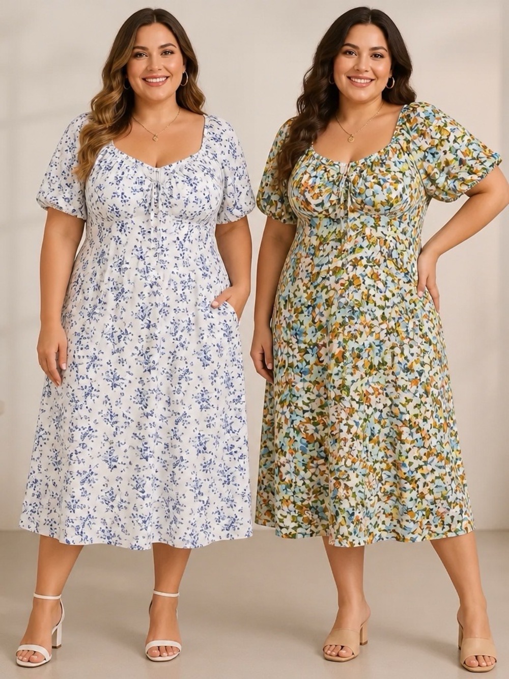 Floral Maxi Dress - White with Blue Floral